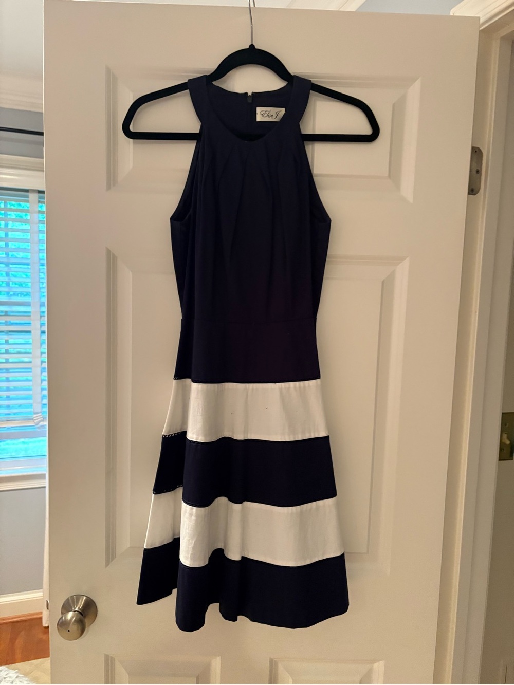 Eliza J Navy and White One-Shoulder Striped Fit-and-Flare Dress